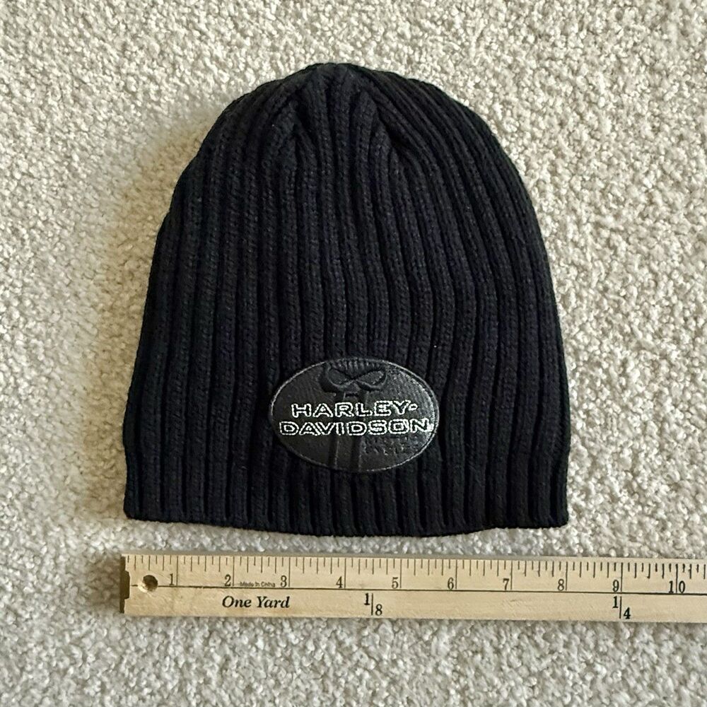 Harley-Davidson Beanie Cap Black Rib Knit Fleece LIned Leather Skull Embroidery - Picture 5 of 12